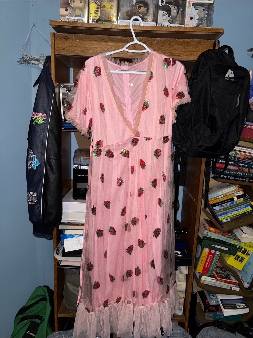 Pink Strawberry-Sequined Maxi Dress with V-Neck